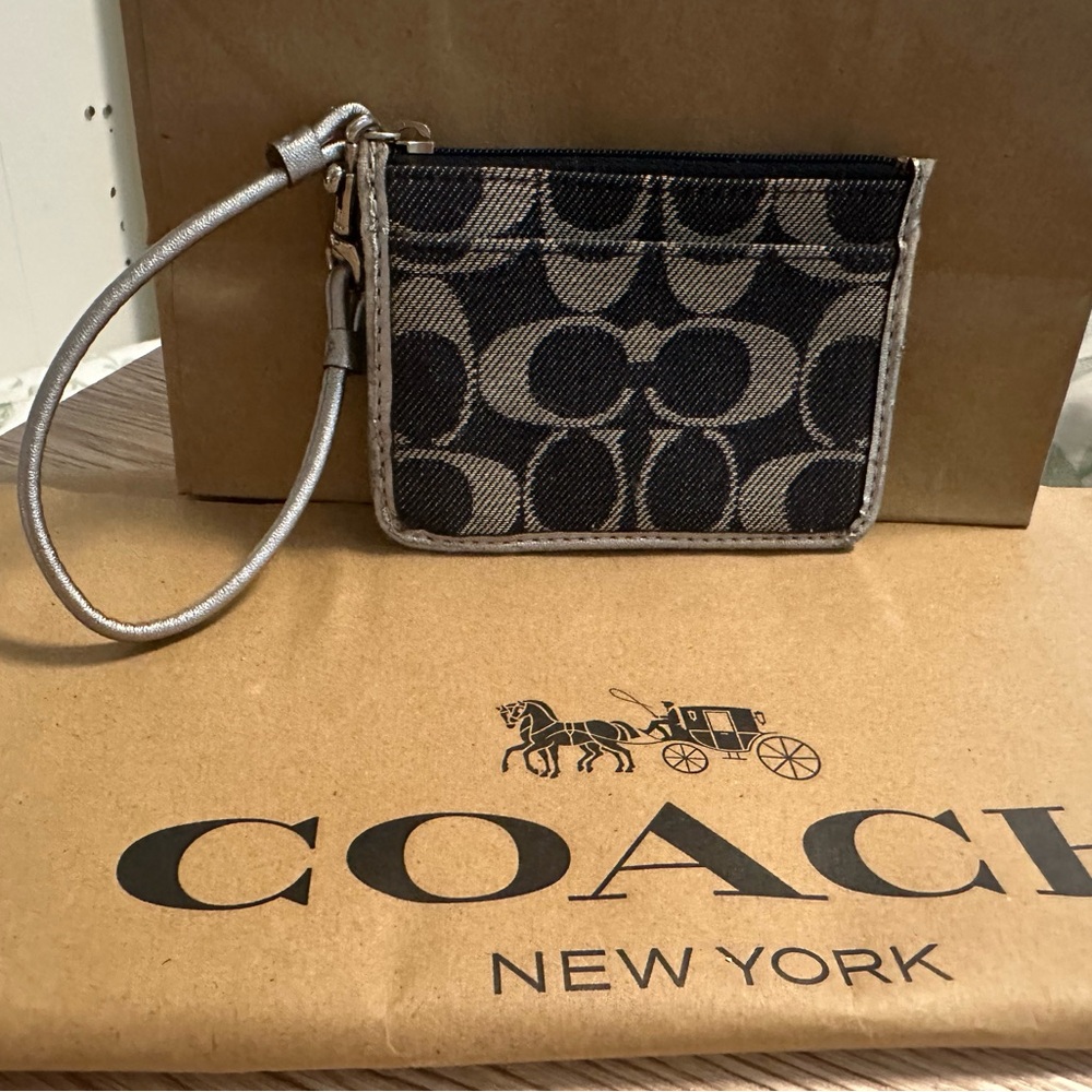 B#115 Coach Denim Metallic Silver wallet style Wristlet